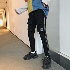 2021社会小伙弹力修身小脚裤织带黑色休闲长裤子男864/P50，男装休闲裤，星座1506-1