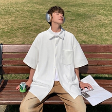 2023夏季垂感薄款冰丝oversize短袖衬衣男士休闲半袖衬衫C847-P40，男装衬衫，电商A001