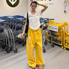 美式复古印花黄色休闲裤女夏季街头辣妹嘻哈跳舞运动宽松阔腿长裤，男装休闲裤，星座1210-1