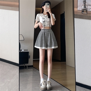 条纹蕾丝边拼接松紧高腰阔腿裤女2024夏季休闲裤韩版百搭短裤图片