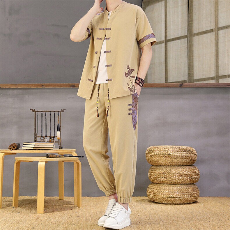 风夏季两件套男士冰丝宽松短袖套装民族男装汉服,男装T恤,星座1206（原A206）
