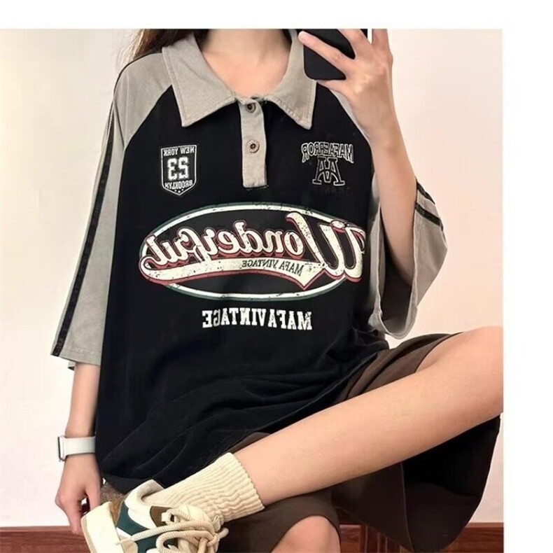 撞色拼接polo衫男女夏季宽松半拉链短袖t恤百搭休闲翻领情侣体恤,男装T恤,星座506A