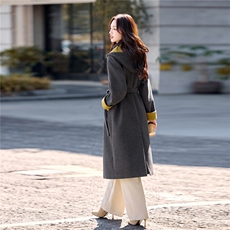 时尚撞色连帽披肩灰色毛呢外套女2025秋冬中长款系带收腰显瘦大衣，女装毛呢外套，素月
