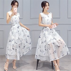 中长款2022年夏季短袖套头件高腰圆领通勤连衣裙欧根纱纯色气质图片