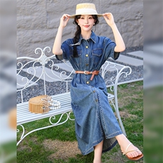 复古翻领短袖牛仔连衣裙女2024年夏季新款简约显瘦单排扣中长裙子，女装连衣裙，江南女神