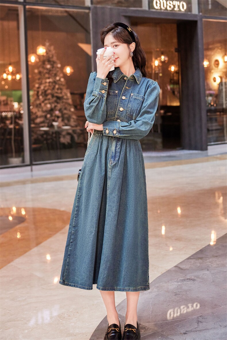 2025秋季新款个性气质高腰修身牛仔连衣裙,女装连衣裙,1C080