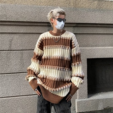 【005】5撞色条纹毛衣宽松圆领针织衫情侣外套A079-MY9164-P36，男装针织衫/毛衣，电商A079