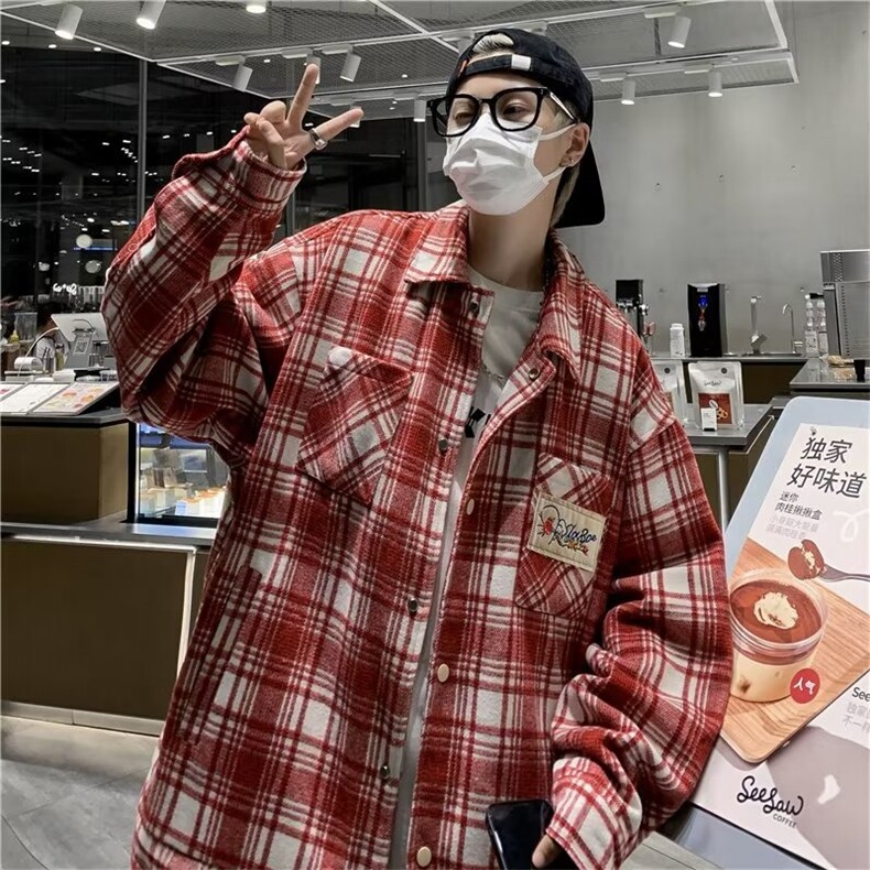 潮夹克男格子帅拼接刺绣花花文艺2025秋冬新款ins衬衫W5213-P60图片