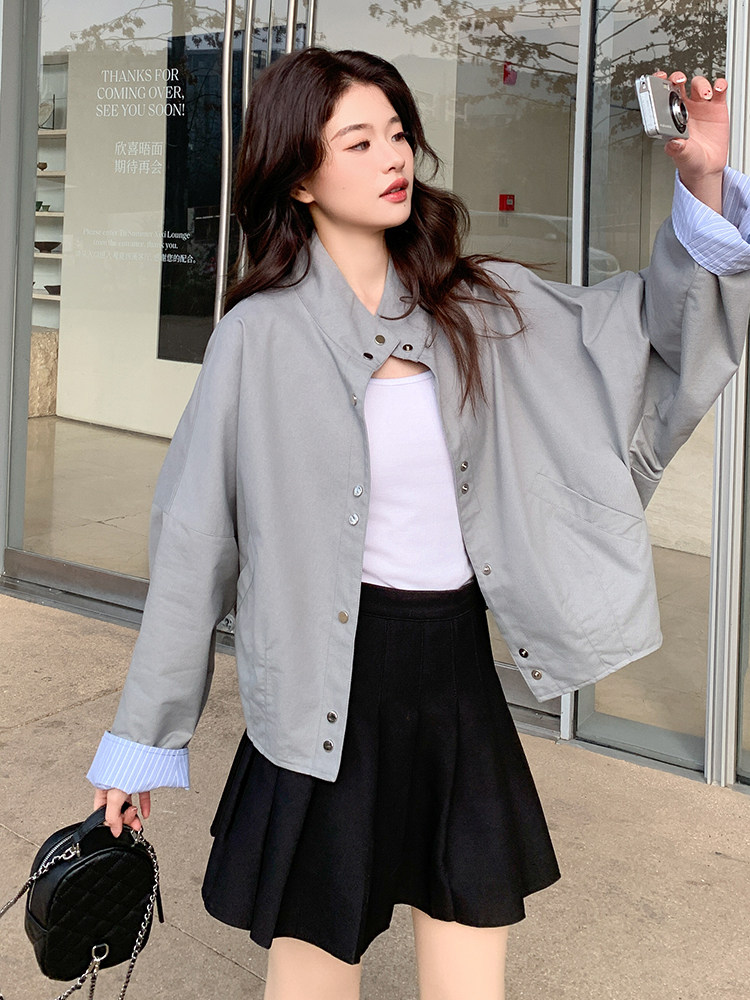 立领休闲短外套女小个子2025春季新款韩系设计感宽松百搭夹克上衣,女装短外套,辉之琳