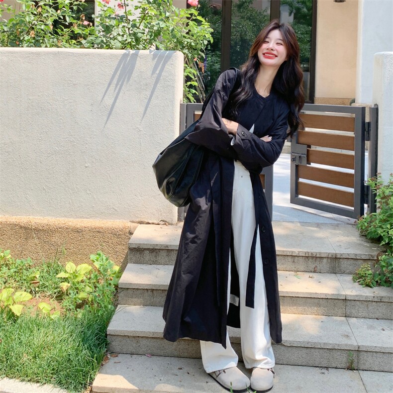 高级感撞色拼接黑色长款风衣外套女春秋2025新款收腰显瘦大衣流行,女装风衣,2C016