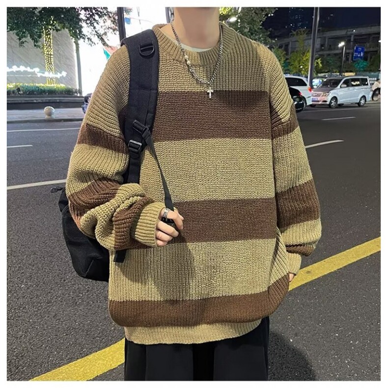 条纹圆领毛衣男宽松潮流新款潮牌秋冬季加厚男装针织衫A6007/P45,男装针织衫/毛衣,星座506