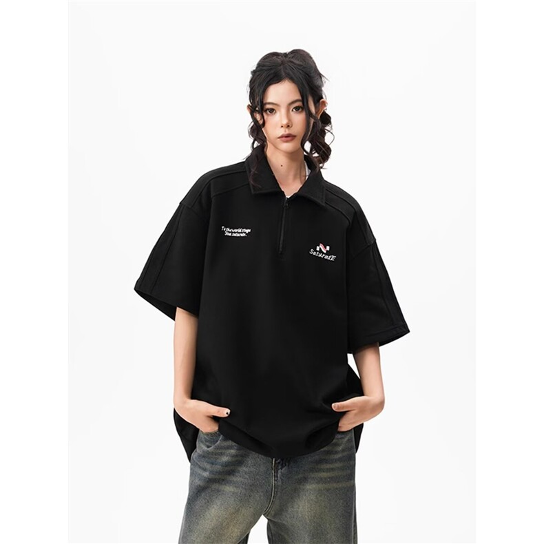 美式半拉链POLO衫夏季解构拼接短袖男女T恤男潮牌TA1108-P36，男装T恤，星座208-5