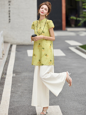 新中式设计旗袍上衣套装女2025夏季新款清冷感国风改良唐装两件套，女装套装/套裙，仟媚宠