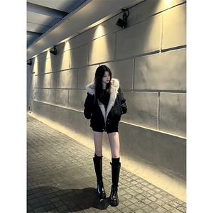 现货高品质美式高街冬季重磅硬挺短款座山雕毛领棉衣男女加厚外套图片