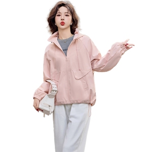 休闲宽松连帽短款外套女2025春秋新款小个子洋气减龄粉色夹克上衣图片