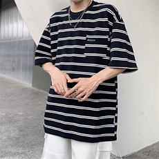 五分袖T恤男韩版宽松百搭条纹衣服ins学生潮牌纯棉短袖T66，男装T恤，星座1116A-1（原606A）