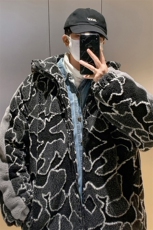 M8020P90港风外景连帽休闲拼色裂纹印花羊羔毛潮学生情侣外套，男装棉衣，电商A026-1