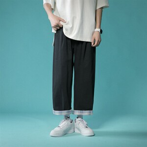 2024春夏季新款男装港风情侣款格子翻边撞色休闲九分裤ZY001-P45图片