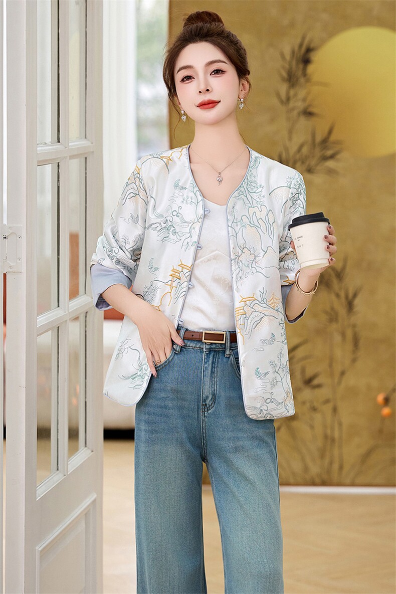 新中式国风刺绣圆领短外套女2025春季新款小个子显瘦气质休闲上衣,女装短外套,涵亦佰惠