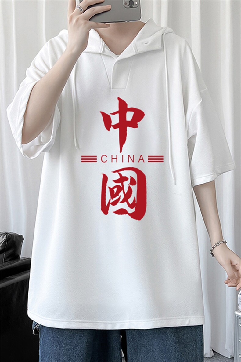 LD54198-P45连帽短袖t恤男大码胖子带帽五分袖中袖,男装T恤,电商A040