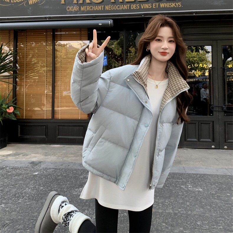 现货新款韩版宽松立领撞色格子袖口羽绒服短款外套百搭洋气，女装羽绒服，网红馆