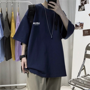 T003男士休闲字母印花宽松五分袖半截袖纯棉T恤大码男女青少年潮图片