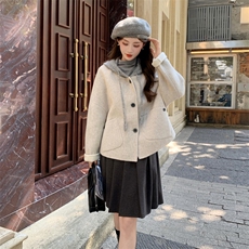 现货新款秋冬新款针织连帽拼接长袖羊绒外套女短款双面羊绒大衣潮，女装双面呢大衣，网红馆