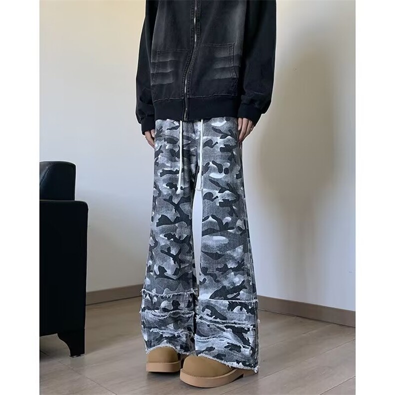 复古迷彩脏染伞兵破坏裤脚休闲裤男女堆叠嘻哈伐木长裤N7012/P54，男装休闲裤，星座506