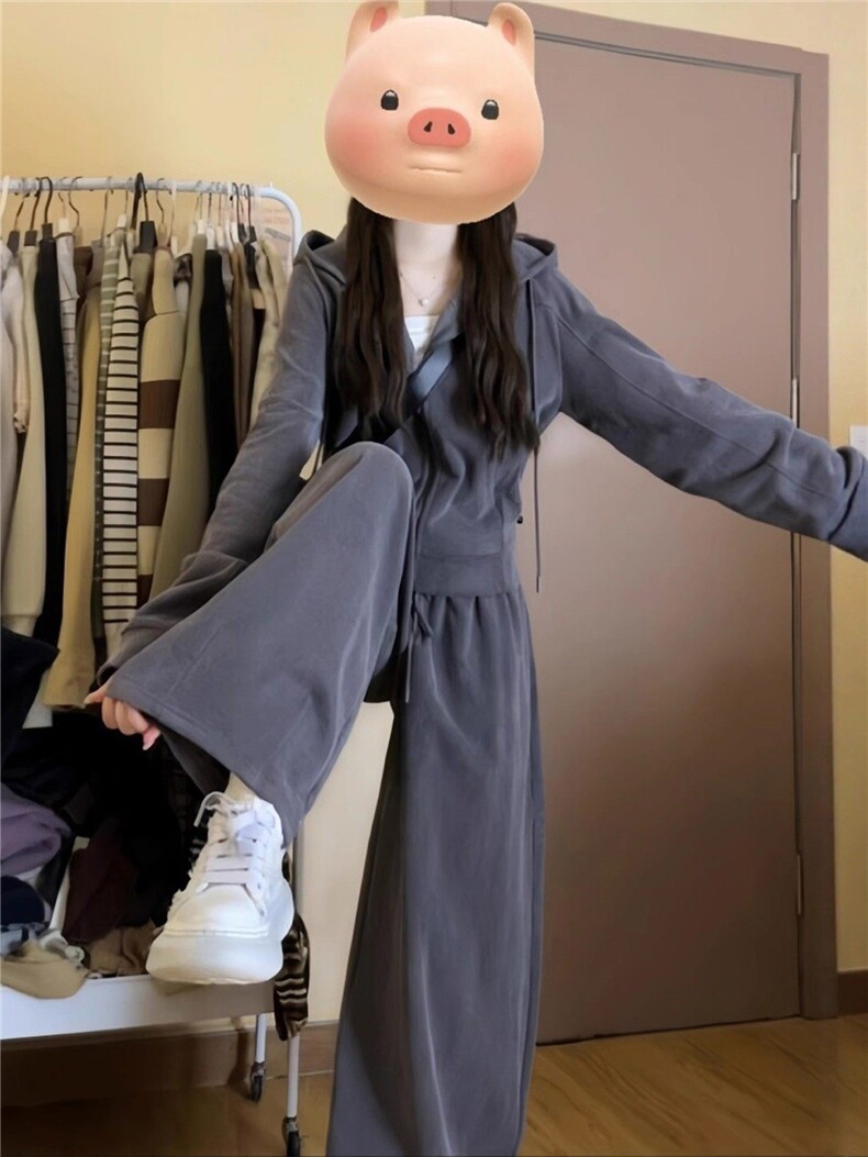 女春季新款时尚休闲套装宽松减龄拉链开衫抽绳外套直筒长裤两件套,女装套装/套裙,江南