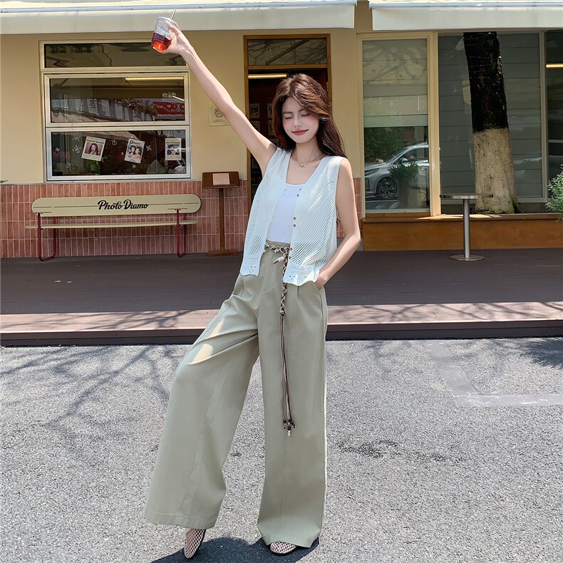 2026针织上衣+设计感杏色高腰阔腿裤女夏版型超好宽松垂感套装,女装套装/套裙,艾米莉亚