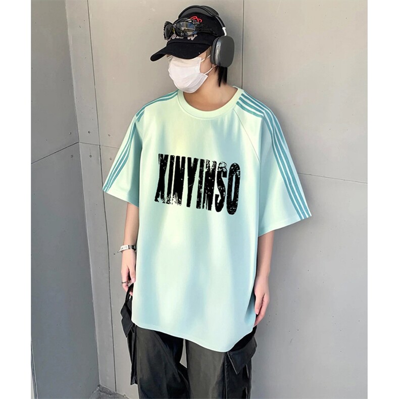 抖音得物品质二开240克宽松纯棉美式潮牌印花三条杠中性风短袖T恤,男装T恤,电商A486-1
