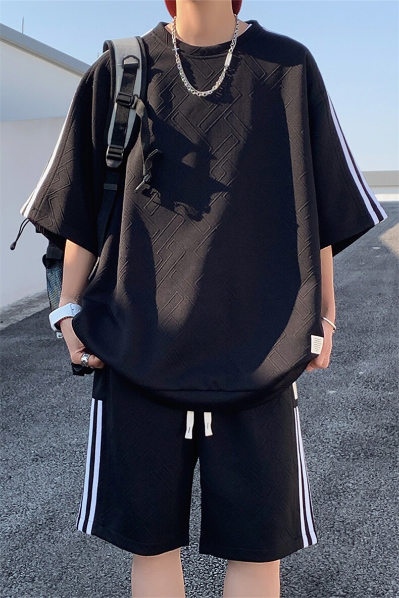 TZ83335/P65夏季新款短袖短裤t恤休闲宽松提花大码两件套套装男,男装休闲套装,电商A141