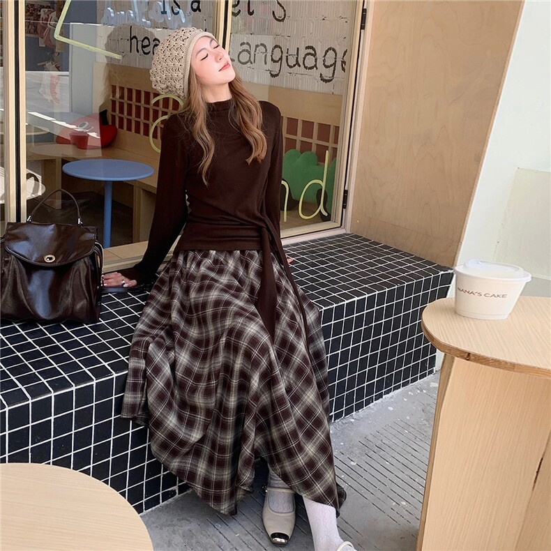 韩版复古上衣不规则格子半身裙两件套女2025年春秋季新款韩版套装,女装套装/套裙,2C233