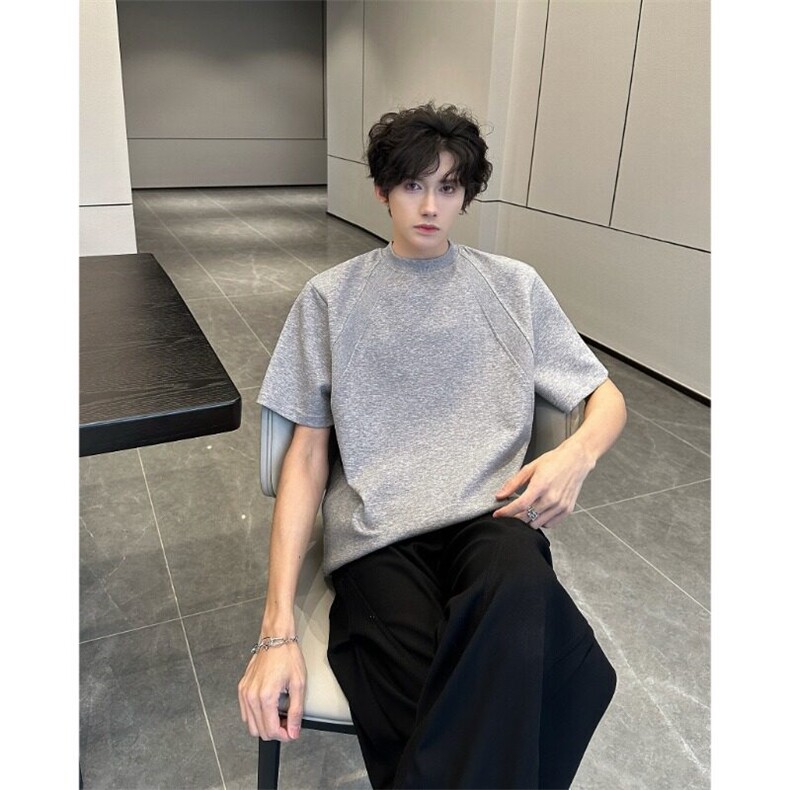 花灰色重磅boxy版型短袖男夏季美式硬挺太空棉t恤正肩小领口半袖,男装T恤,星座601-1