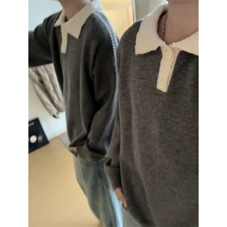 MY7156-特P65老钱风针织大码翻领慵懒风宽松百搭复古毛衣外套,男装针织衫/毛衣,电商A059