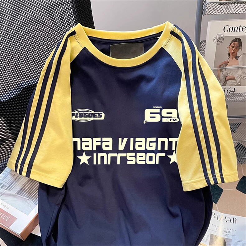 夏季美式高街重磅纯棉三条杠织带插肩撞色男女短袖T恤CZ81-特P25,男装T恤,电商A486