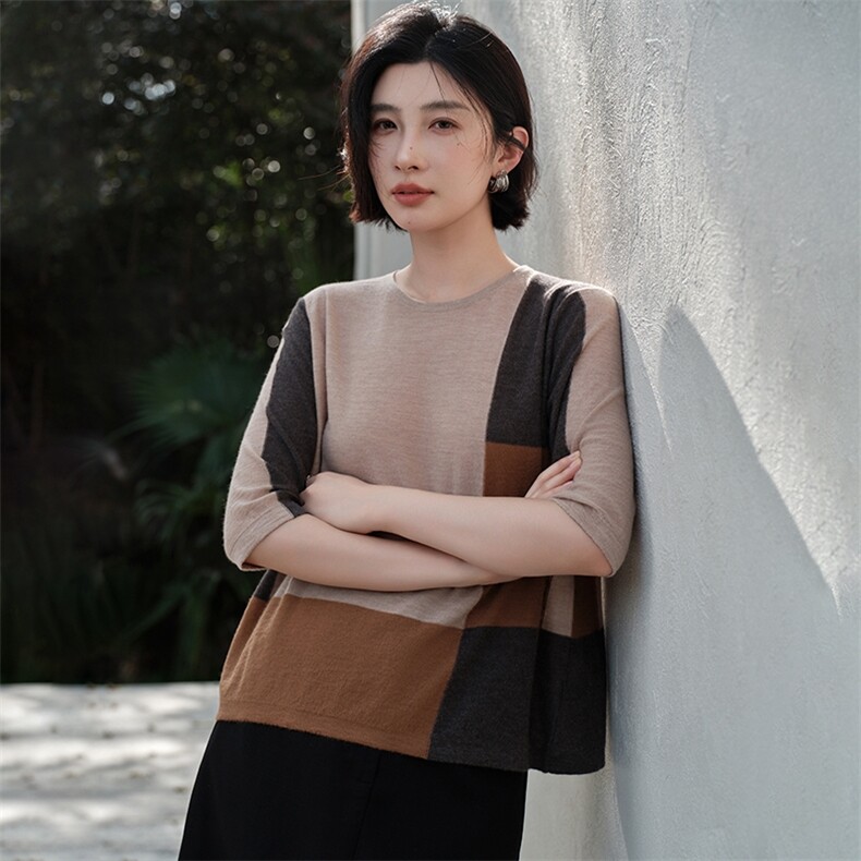 女士嵌花圆领短袖,针织衫/毛衣,江帆羊绒