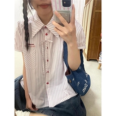 日系文艺少女感条纹短袖衬衫女夏季miu系穿搭衬衣小个子短款上衣，男装T恤，星座506A