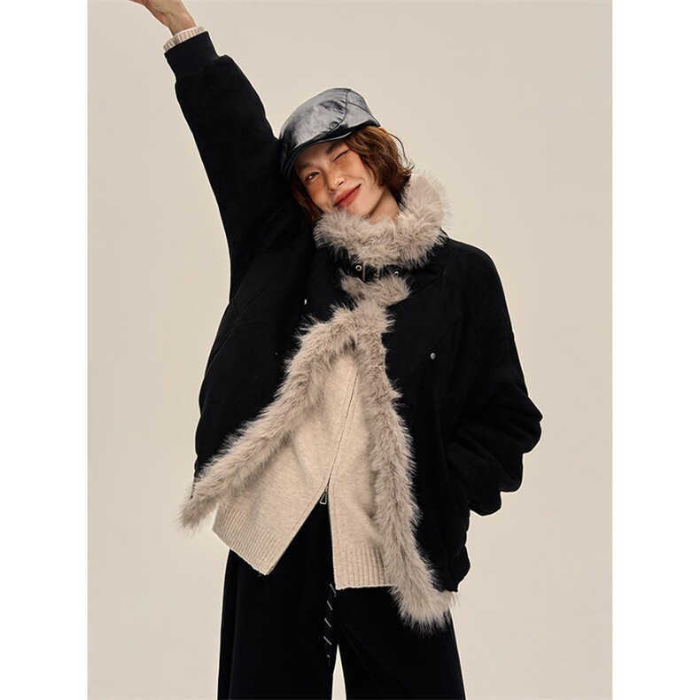 现货重磅硬挺boxy羽绒棉衣座山雕大毛毛领洗水麂皮棉服冬外套，男装棉衣，电商A486-1