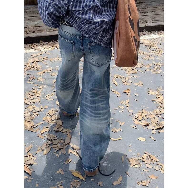 街头做旧破洞弯刀牛仔裤男高街vibe潮牌宽松cleanfit长裤NZ9058,男装牛仔裤,星座516A