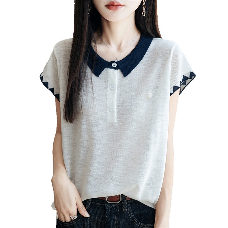 竹节麻翻领短袖针织衫女t恤夏季新款简约时尚洋气减龄Polo衫上衣,针织衫/毛衣,菲奥羊绒