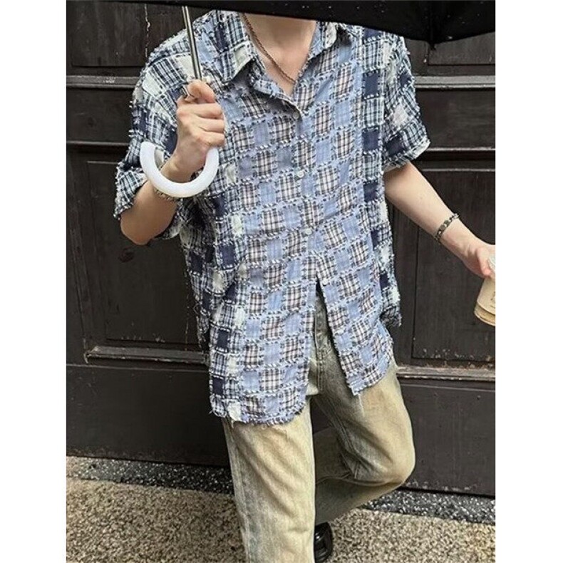 日系复古短袖衬衫男女港风格子小众设计感宽松领带衬衣夏CS82,男装T恤,星座1116A（原606A-3）