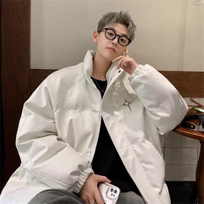 字母PU皮立领棉服男款冬季加厚高级感面包服痞帅美式高街棉衣外套,男装棉衣,星座715-4