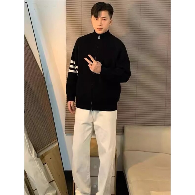 三条杠立领开衫毛衣男秋季设计感小众美式复古简约高级感长袖外套图片