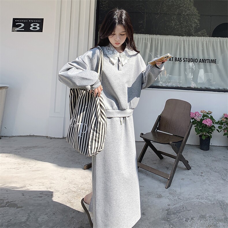 2025春秋新款韩版宽松显瘦百搭休闲蕾丝拼接卫衣半身裙时尚套装女，女装套装/套裙，秋水欣儿