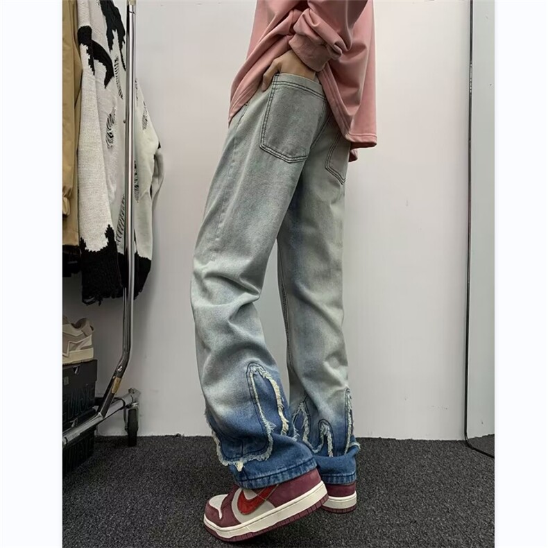 欧美渐变毛边高街牛仔裤男女情侣潮牌设计感小众炸街裤RK1398-P49图片
