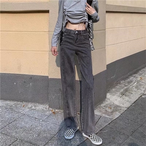 直筒牛仔裤女设计感小众高腰显瘦新款设计感绑带拖地阔腿裤图片