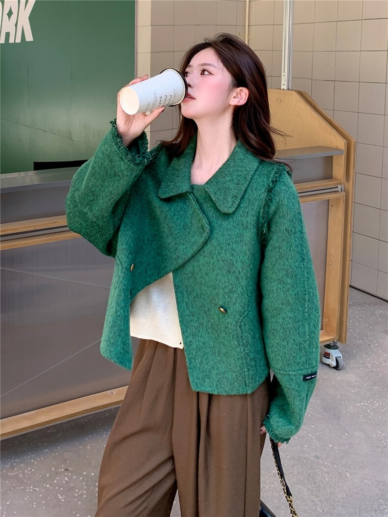 现货2026春秋新款流苏双面羊毛呢宽松ins外套,女装毛呢外套,丝露怡语