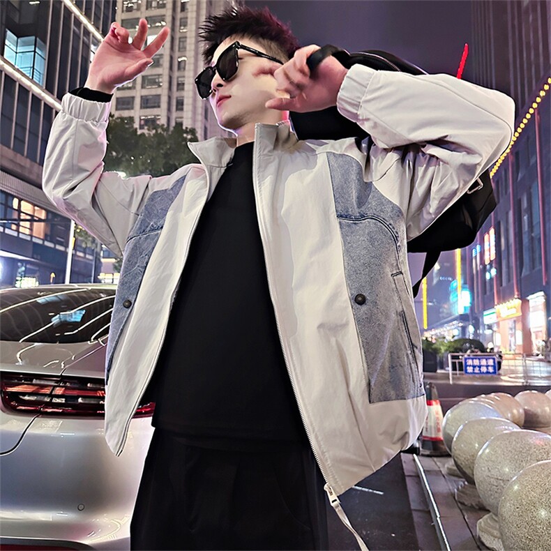 BK10/P128控178春季个性撞色拼接牛仔立领夹克外套男浅灰首1，男装夹克，星座305B