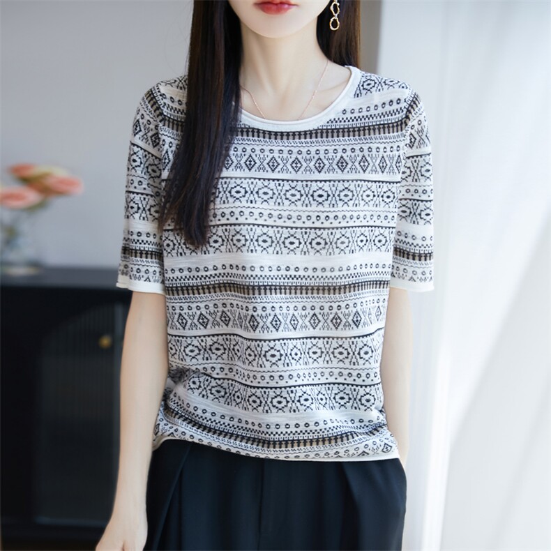 2025年夏季不连帽短袖常规亚麻卷边黑白花短袖，女装T恤，大美人包芯纱店